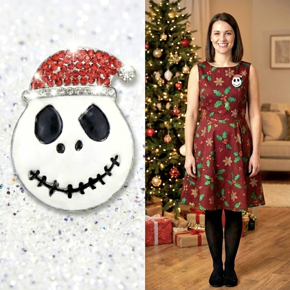 Jack skellington silver red and white crystal necklace/brooch - Picture 4 of 16